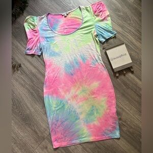 Haute Monde Puff Sleeve Colorful Rainbow Tie-Dye Jersey Mini Dress. Size L